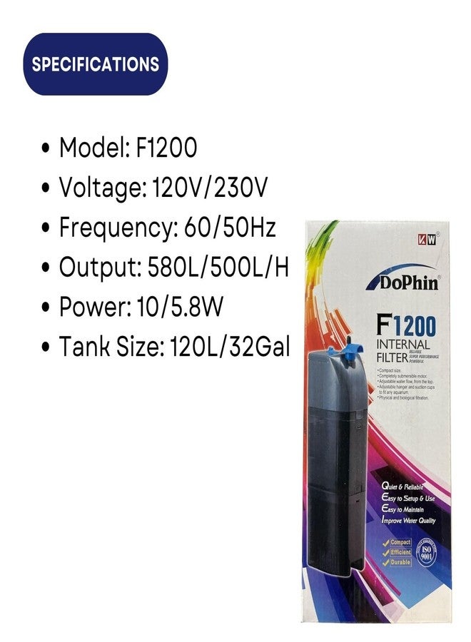 TUNAI Dophin F1200 Internal Filter for Aquarium Fish Tank | Completely Submersible Motor | Output: 580/500 L/H | Suitable for Fish Tank Size 120L | (Original from Tunai Store) - Image 3